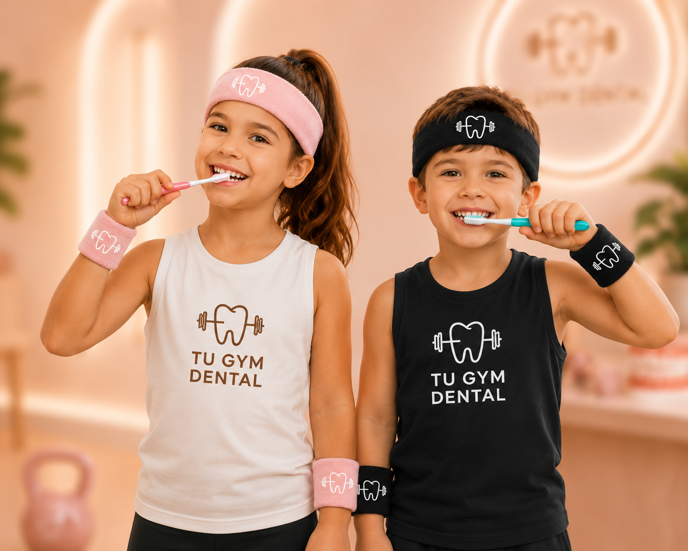 Niños cepillándose los dientes con kit Tu Gym Dental